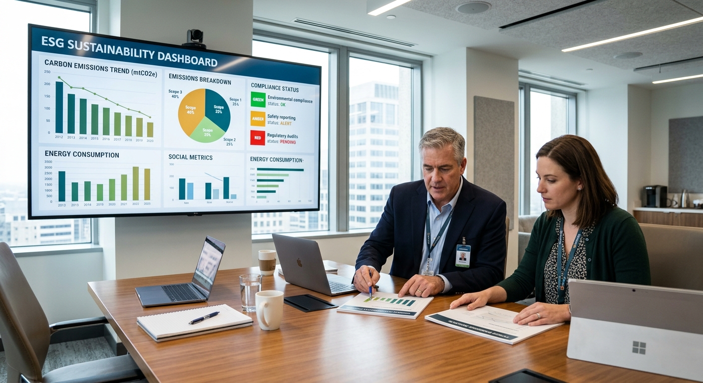 ESG dashboard showing carbon emissions and compliance data