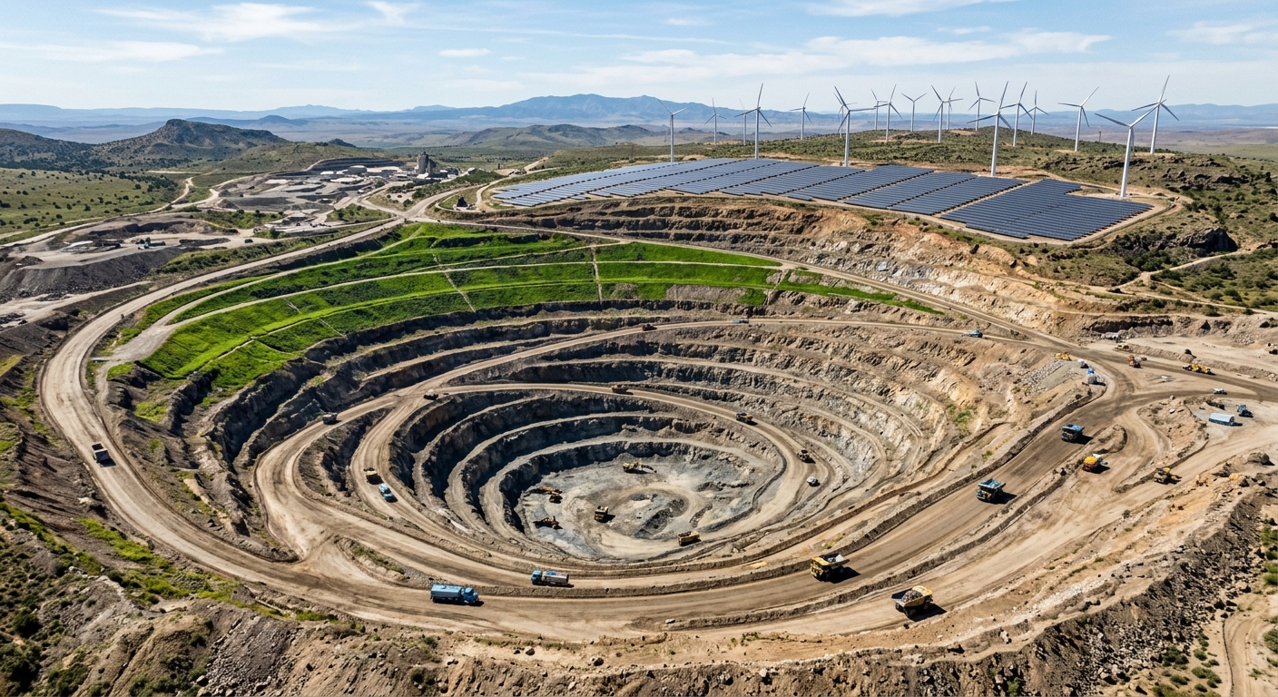 Open pit mine with solar panels and rehabilitation planting