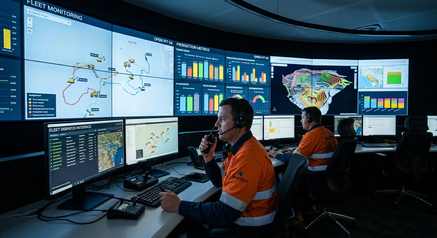 Mining operations control room with real-time dashboards