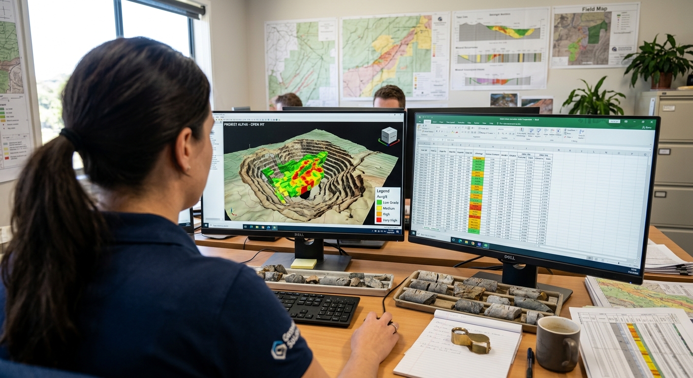 Geologist working with a 3D block model on screen