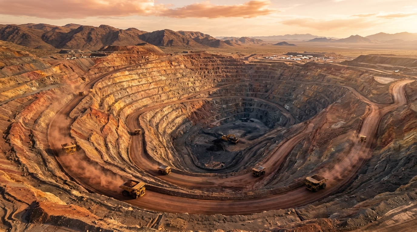 Aerial view of an open pit mine with haul trucks on terraced roads