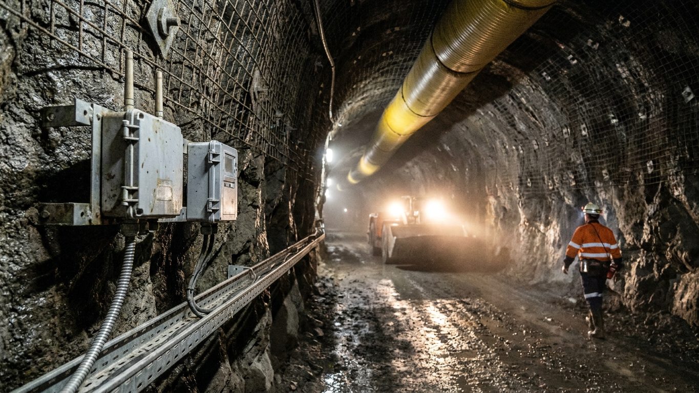Wireless access point and a fixed gas and dust monitor mounted on the meshed wall of an underground decline, with a loader's headlights and a miner in hi-vis further down the drive
