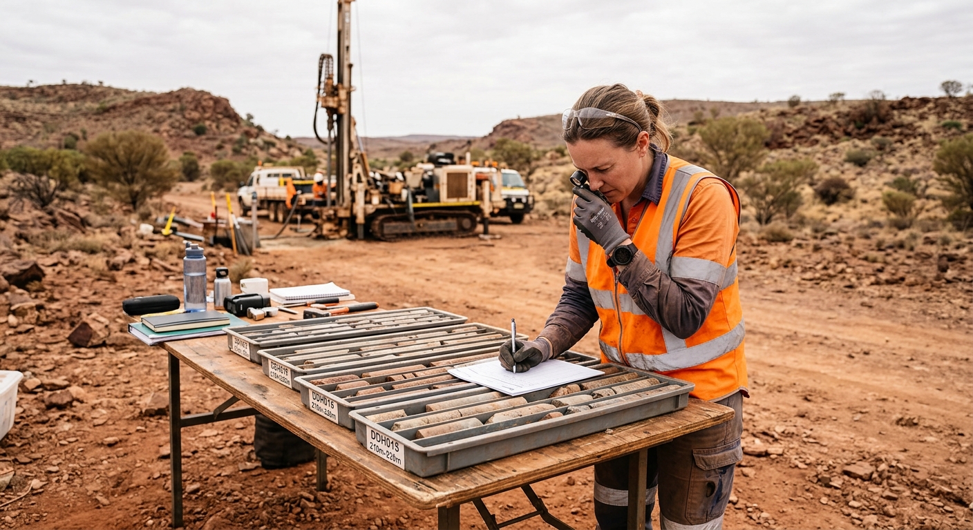 Geologist logging drill core at a remote drill site