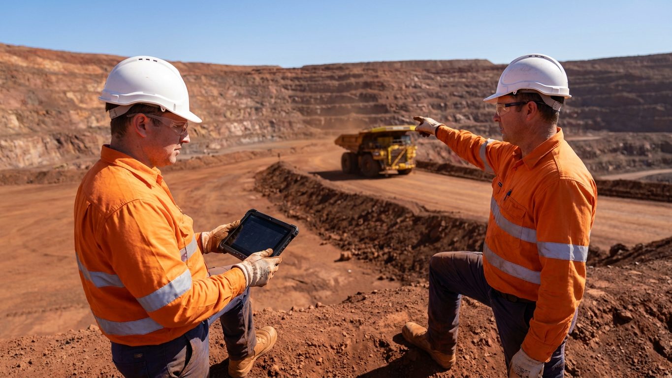 Two mine workers in hi-vis and hard hats on a pit bench, one completing a field inspection on a rugged tablet while the other points towards a haul truck