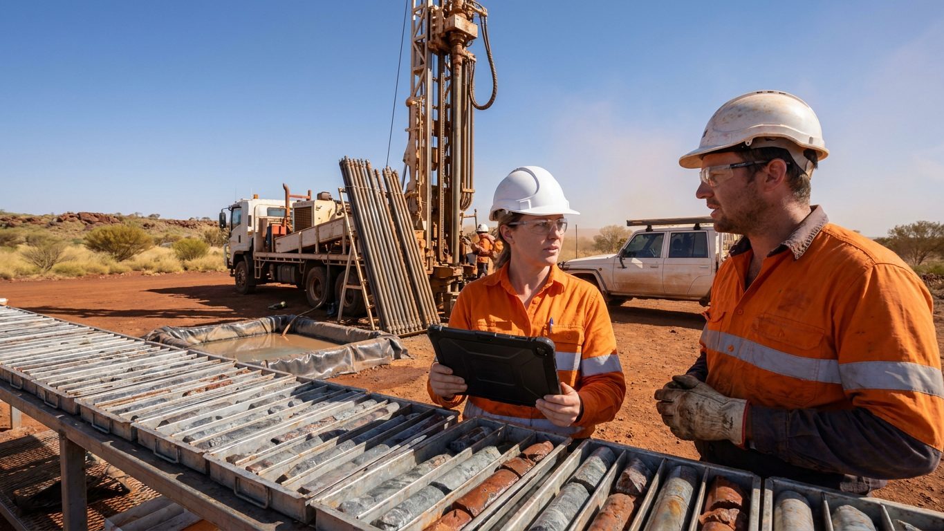 Geologist with a rugged tablet and a driller talking beside core trays at a remote diamond drill pad