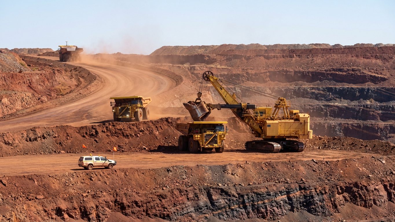 Rope shovel loading a haul truck in a red-earth open pit, with more haul trucks on the ramp and a light vehicle on the bench below