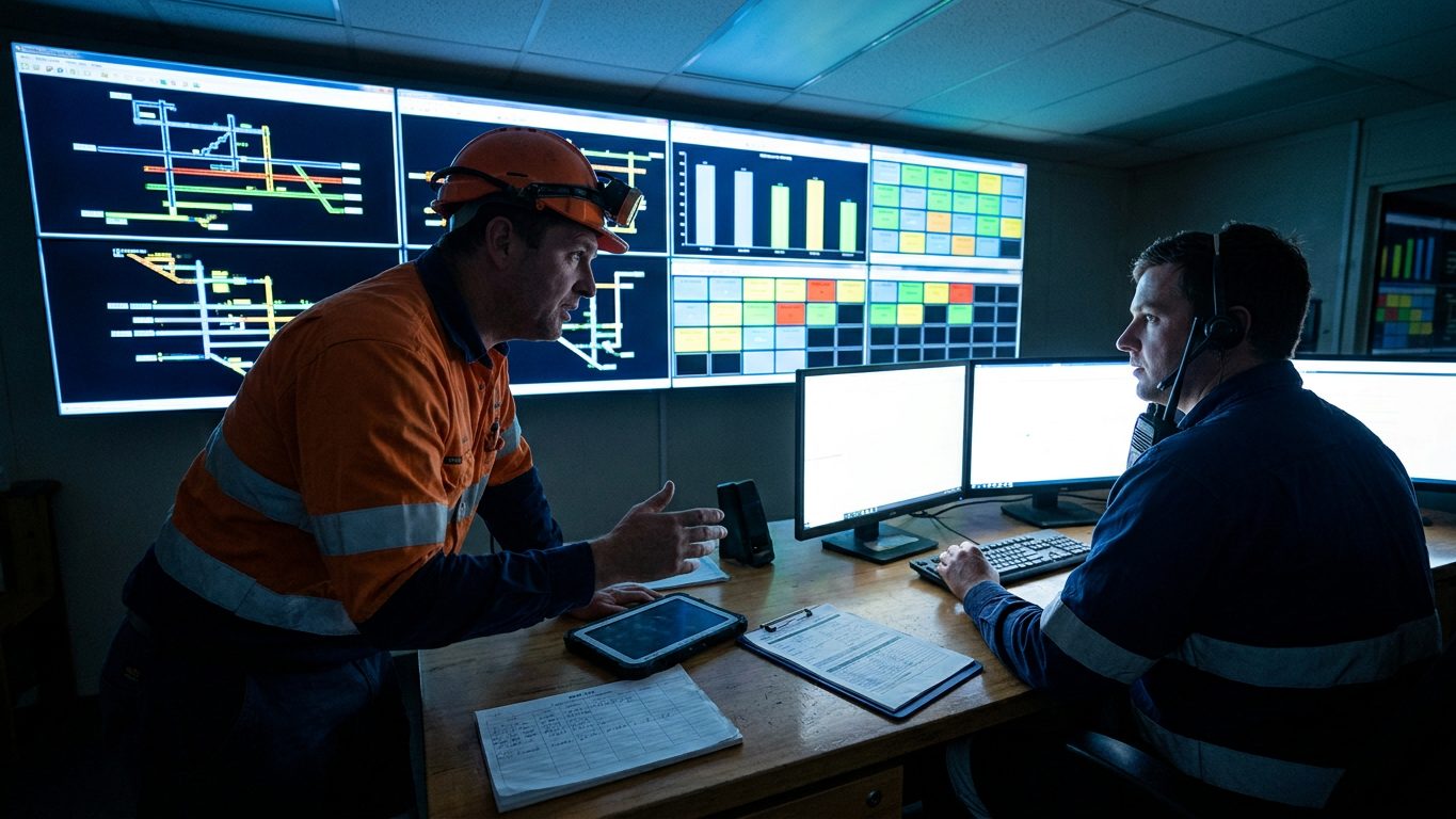 Shift supervisor in orange hi-vis talking with a mine controller at a workstation, in front of a screen wall showing an underground level plan and status tiles