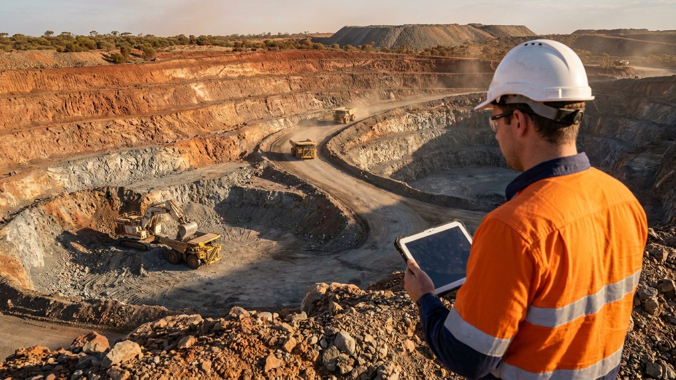 Mine planning engineer in orange hi-vis and a hard hat holding a tablet at the edge of a terraced open pit, with an excavator loading a haul truck on the pit floor