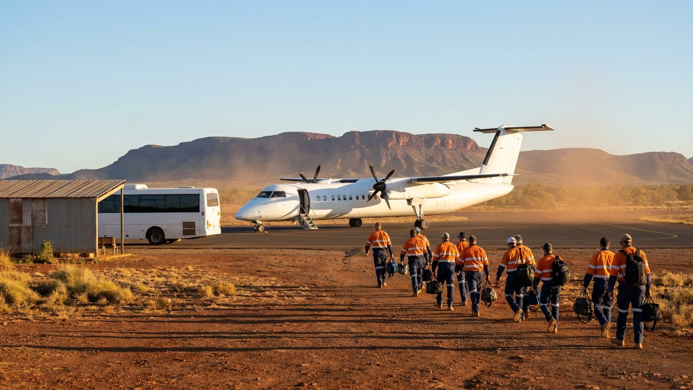 Fly-in fly-out mine workers in orange hi-vis carrying bags to a charter aircraft at a remote outback airstrip, with a crew bus parked by a shed